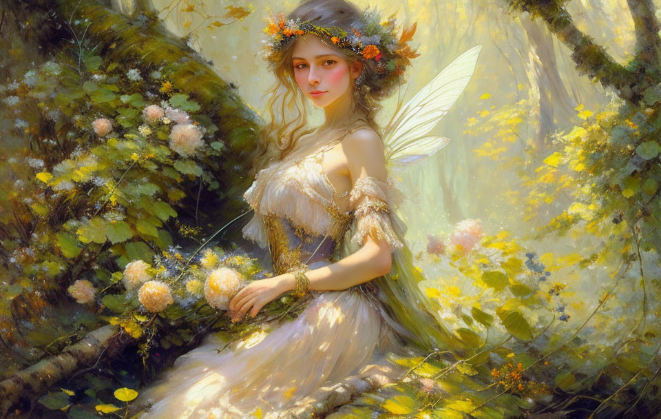 Digital artwork: Fairy with delicate wings on tree in warm floral glow