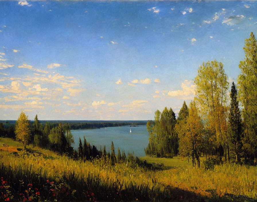 Tranquil landscape: lush forest, blue sky, lake & sailboat