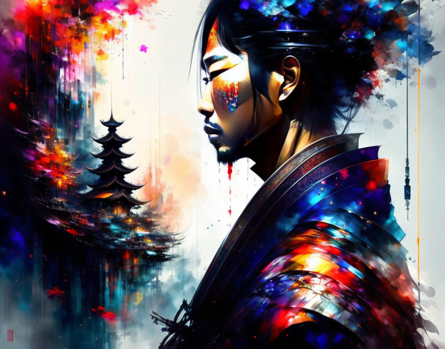 Colorful warrior artwork with Asian temple and brushstrokes