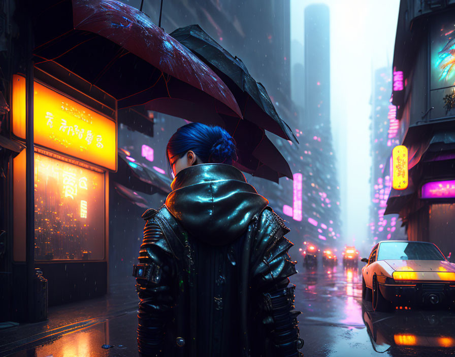 Individual with umbrella in rainy city scene with neon signs and futuristic car