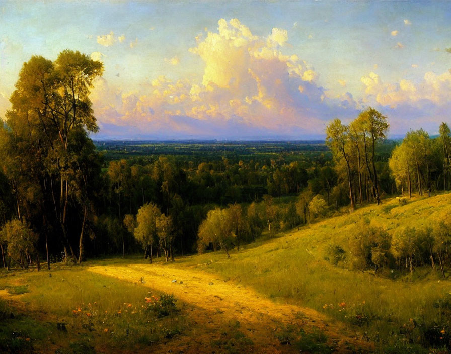 Tranquil landscape painting of lush field, trees, and dramatic sky