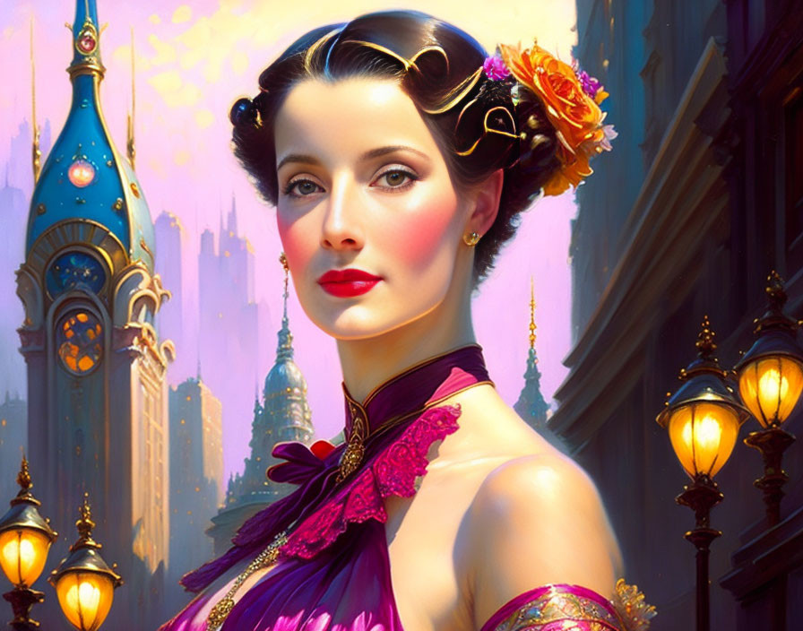 Illustrated woman in purple gown with flower in updo against fantastical cityscape