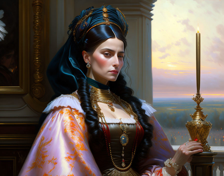 Luxurious historical dress and headdress on regal woman beside lit candlestick in dusk landscape.