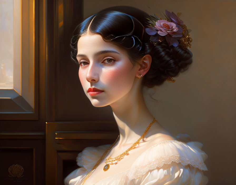 Detailed painting of woman with elegant updo and floral accessory in warm setting