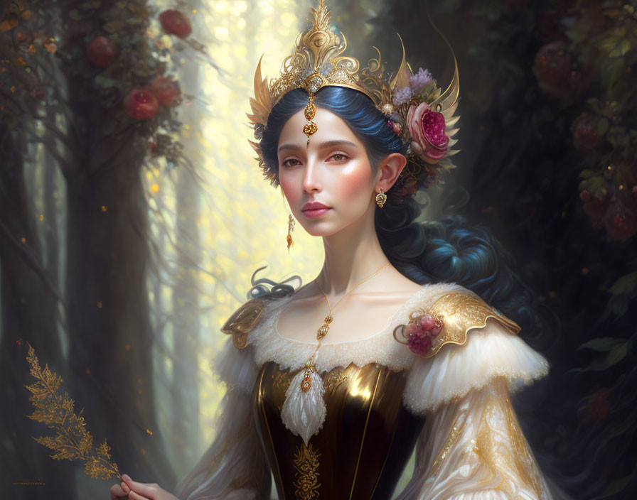 Blue-haired woman in gold crown and dress in forest setting