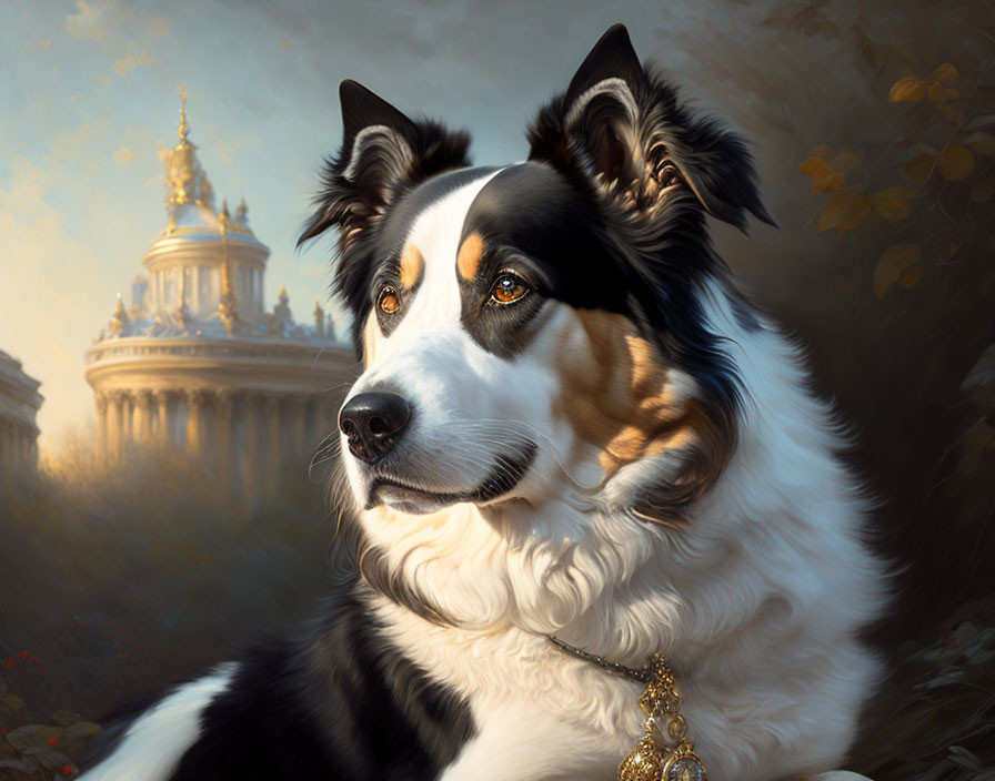 Black and white dog with golden pendant in front of classical building and autumn leaves