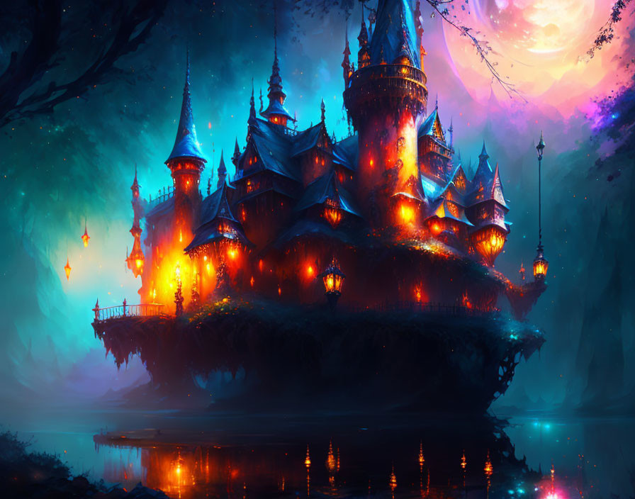 Enchanting Night Scene of Illuminated Fantasy Castle in Mystical Forest