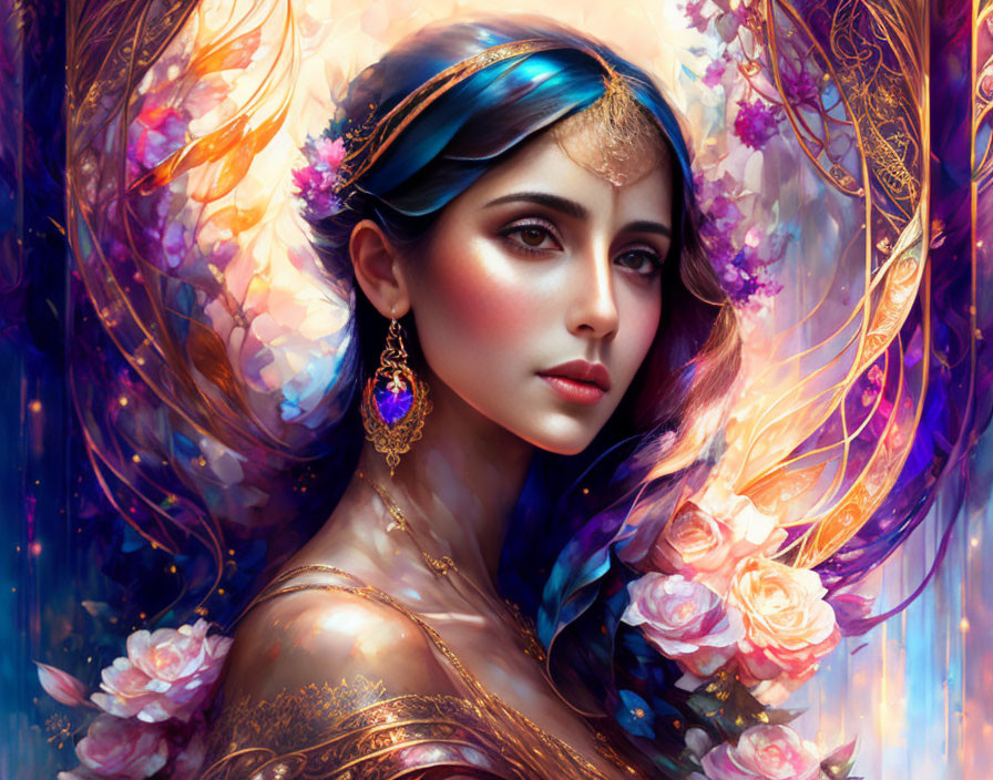 Illustrated portrait of woman with blue hair, gold jewelry, surrounded by vibrant flowers and lights