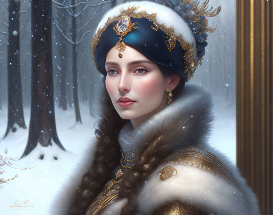 Winter-themed painting of woman in royal attire with fur cloak and embellished hat.