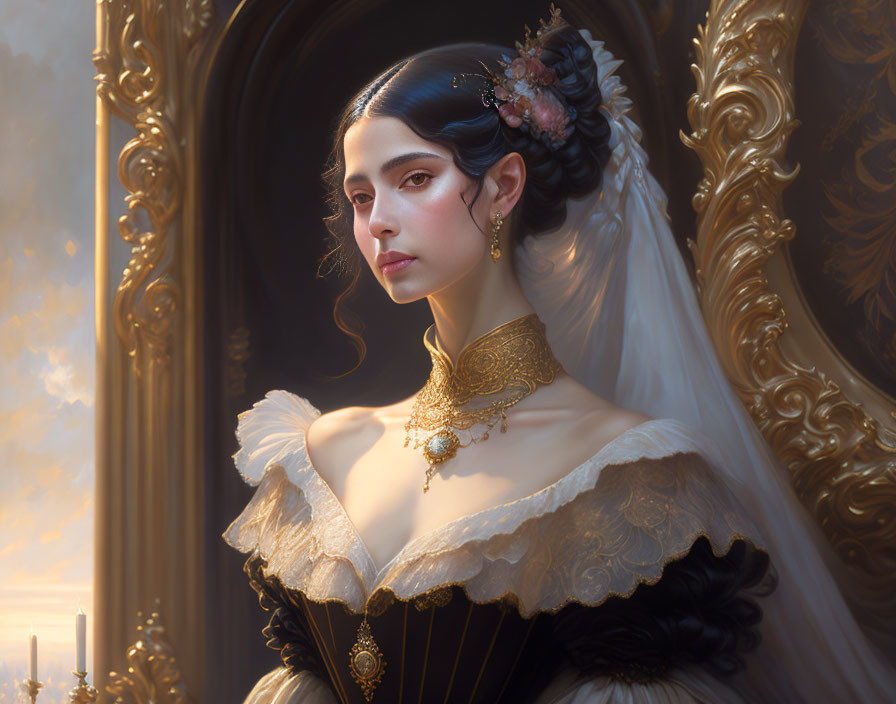 Vintage dress and golden jewelry portrait in classical painting style