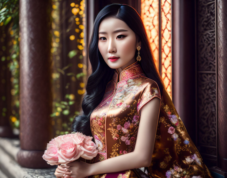 Traditional Asian Woman in Golden Dress Holding Pink Roses by Carved Wooden Window