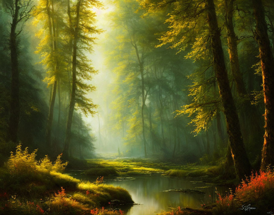 Tranquil forest scene with golden light and meandering stream