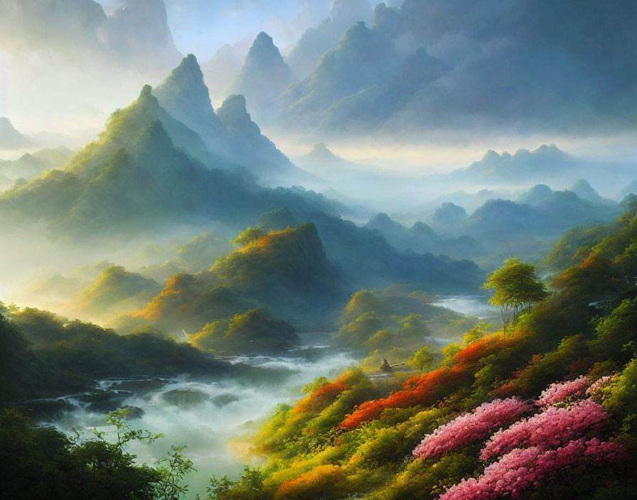 Tranquil landscape: Misty mountains, meandering river, lush greenery, blooming flowers