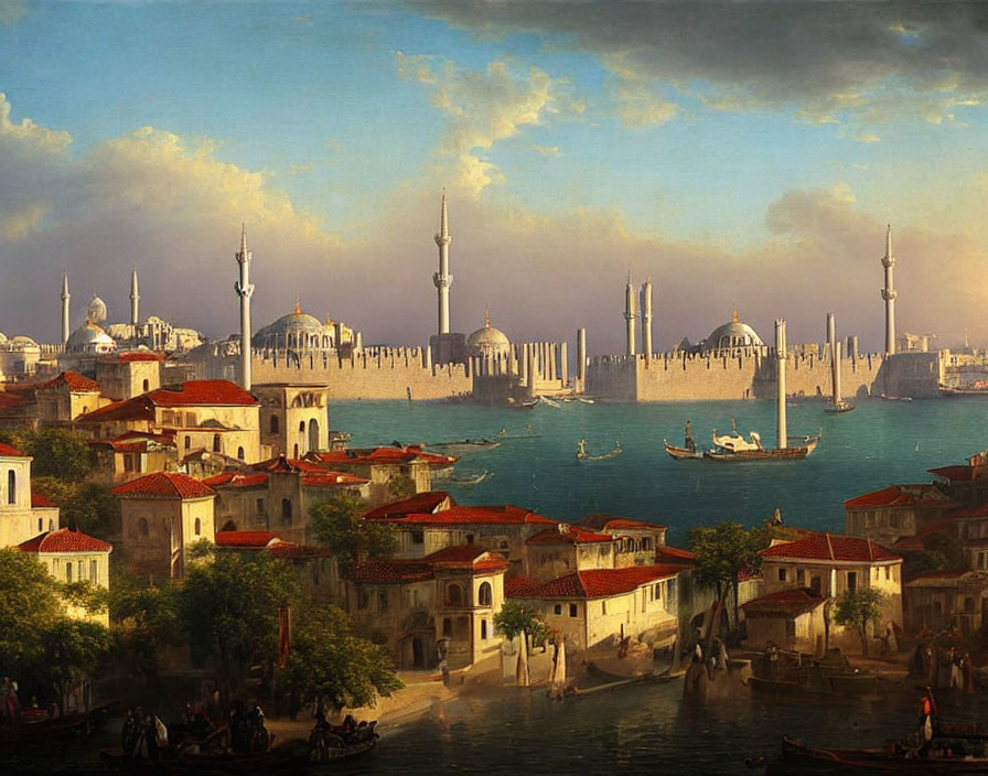 Classical painting of serene waterfront cityscape with domes and minarets.