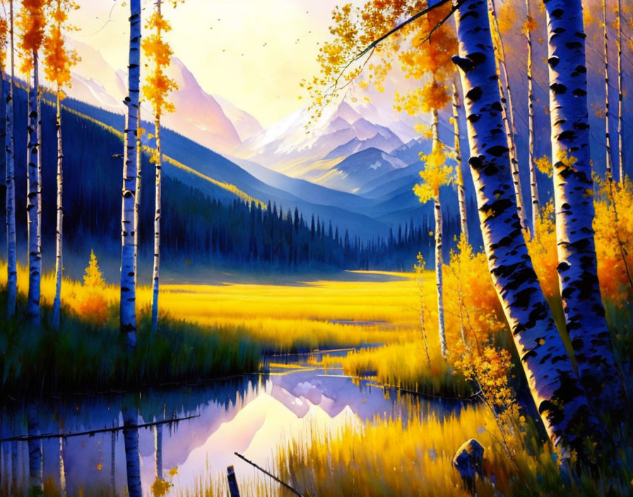 Mountainous Landscape with Golden Aspen Trees Reflected in Serene Lake at Sunrise or Sunset