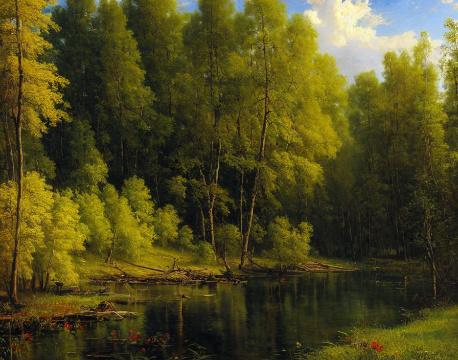 Serene forest landscape with green trees, blue waters, and red flowers