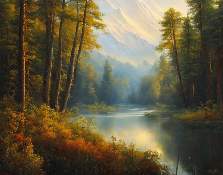 Tranquil forest scene with misty river, lush trees, and mountain in warm sunlight