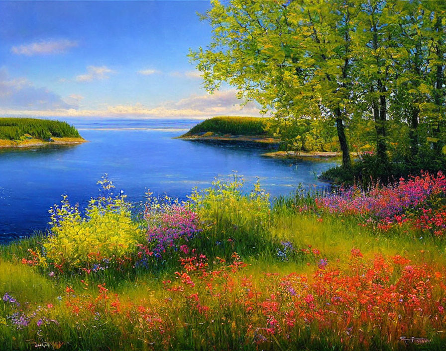 Tranquil riverbank landscape with vibrant wildflowers