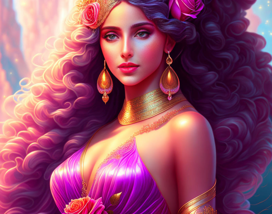 Vibrant digital portrait of woman with curly hair, roses, gold jewelry, purple garment