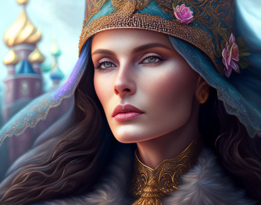 Digital artwork: Woman with striking eyes, headdress, fur cloak, fantasy castle background