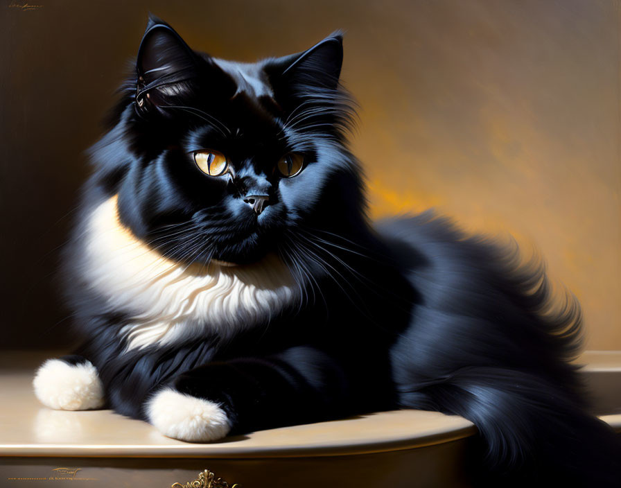 Realistic black and white cat painting with amber eyes on golden backdrop