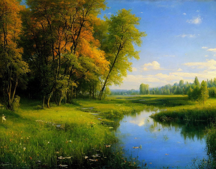 Tranquil river and lush forest in serene landscape painting