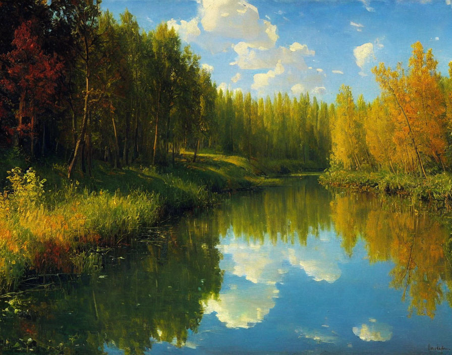 Tranquil landscape: reflective river, lush green trees, clear blue sky