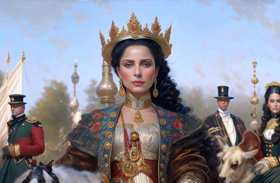 Regal woman in ornate attire with crown, surrounded by uniformed individuals and dogs, flags,