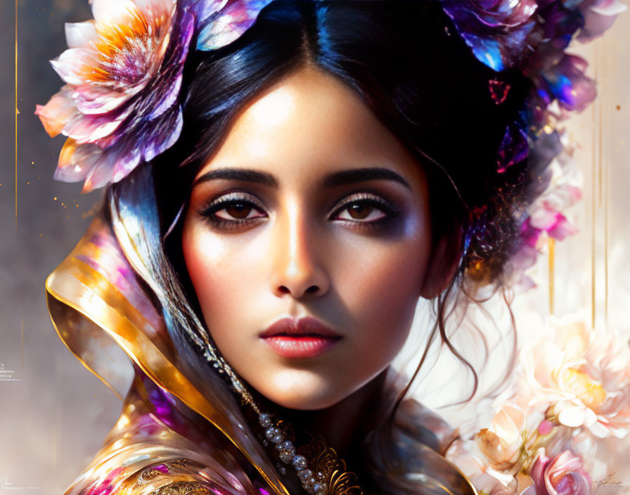 Colorful portrait of a woman with vibrant flowers and flowing fabrics