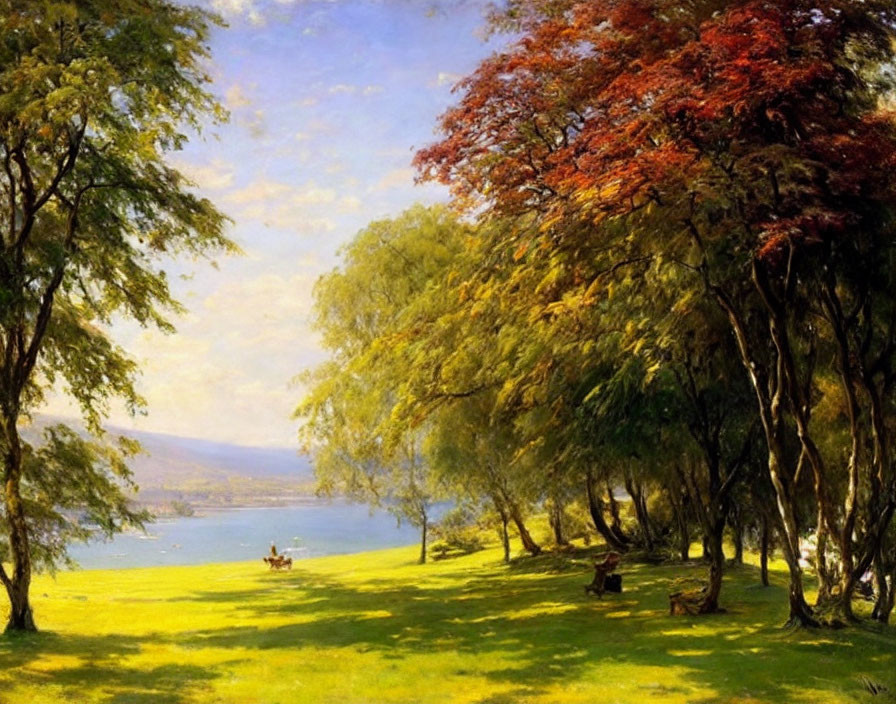 Autumn Trees Landscape with Lake and Resting Figure