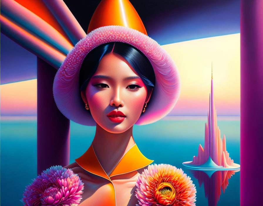 Stylized portrait of woman with wide-brimmed hat and flowers in surreal sunset landscape