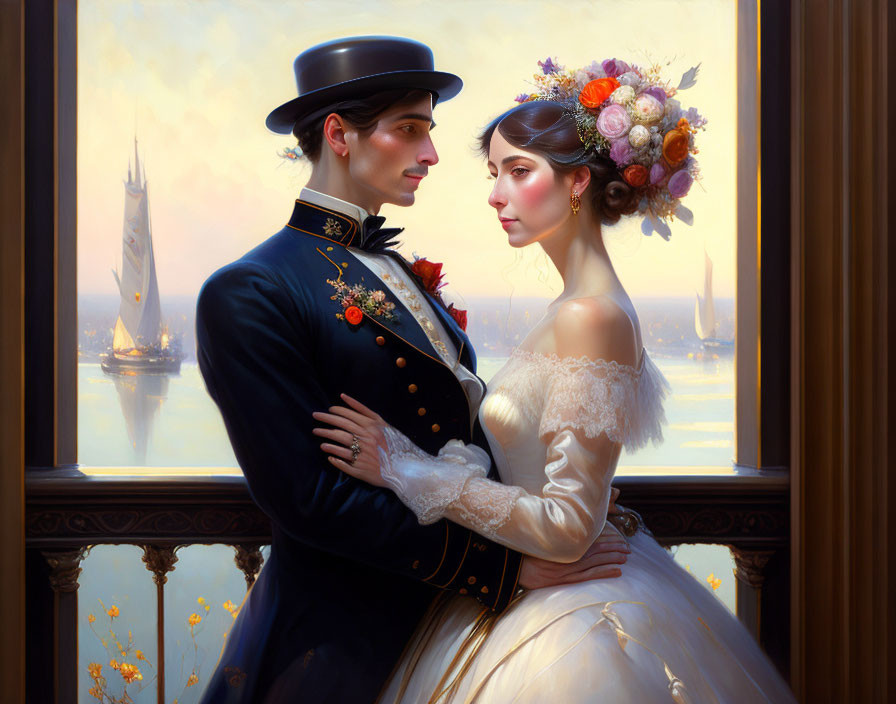 Victorian-era couple in wedding attire embrace by window overlooking scenic harbor.