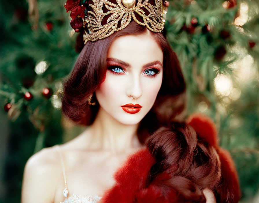 Woman with Blue Eyes and Red Lipstick in Golden Crown and Red Fur Shawl on Green Foli