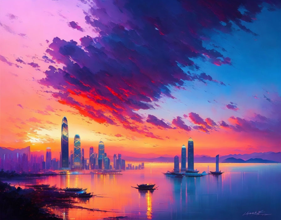 Futuristic cityscape digital artwork with colorful sunset sky and reflection.