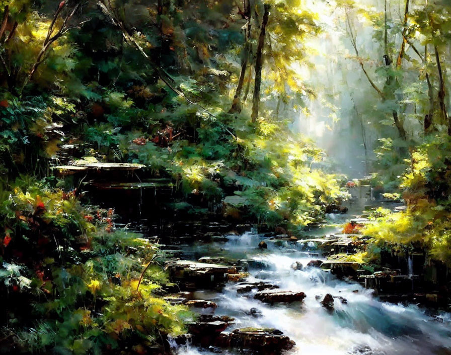 Tranquil forest stream with sunlight and stepping stones