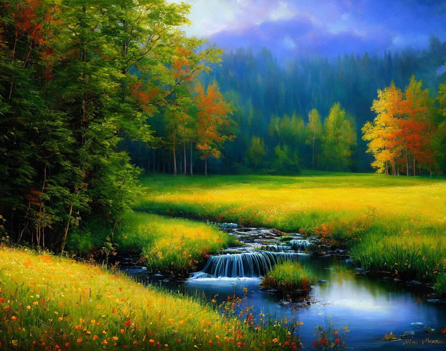Tranquil landscape with waterfall, greenery, wildflowers, and misty sky