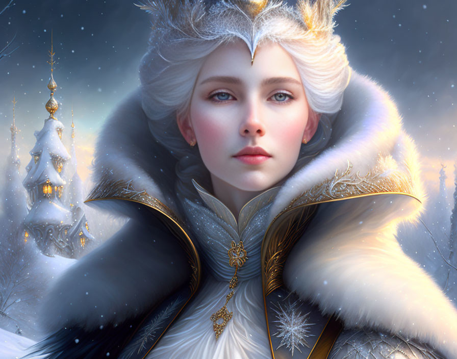 Fantasy figure in white fur coat and crown in wintry scene