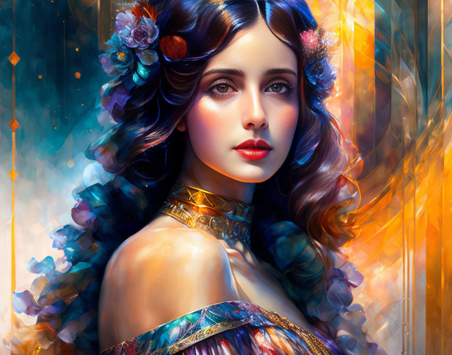 Colorful digital painting of a woman with flowing attire and flowers in her hair.