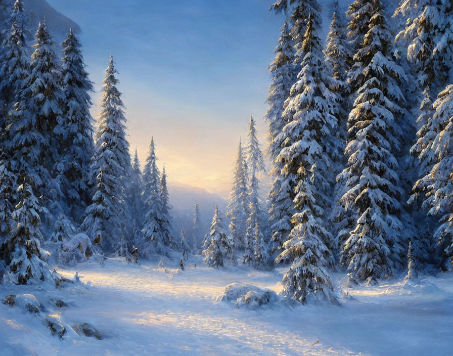 Snow-covered pine trees in serene winter landscape with golden sunlight and misty forest background