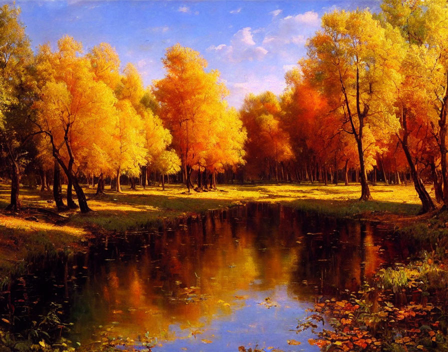 Tranquil autumn landscape with golden trees and calm river