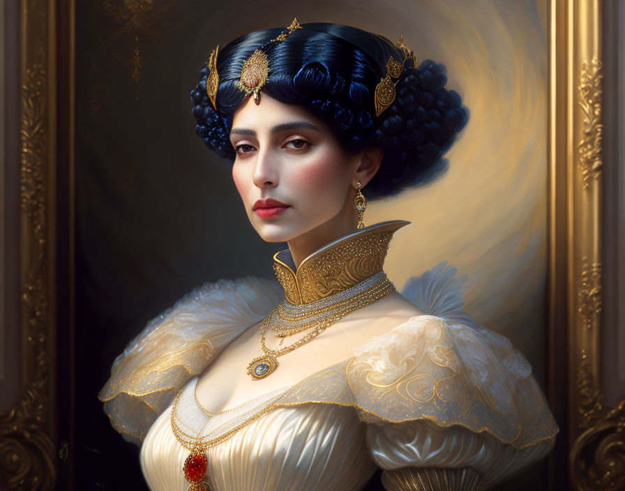 Dark-haired woman in regal 19th-century attire with gold jewelry