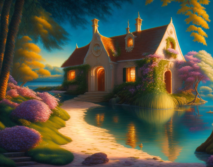 Thatched roof cottage by serene lake at twilight