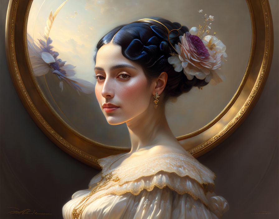 Classic Beauty Portrait: Woman with Flowers in Hair in Golden Oval Frame