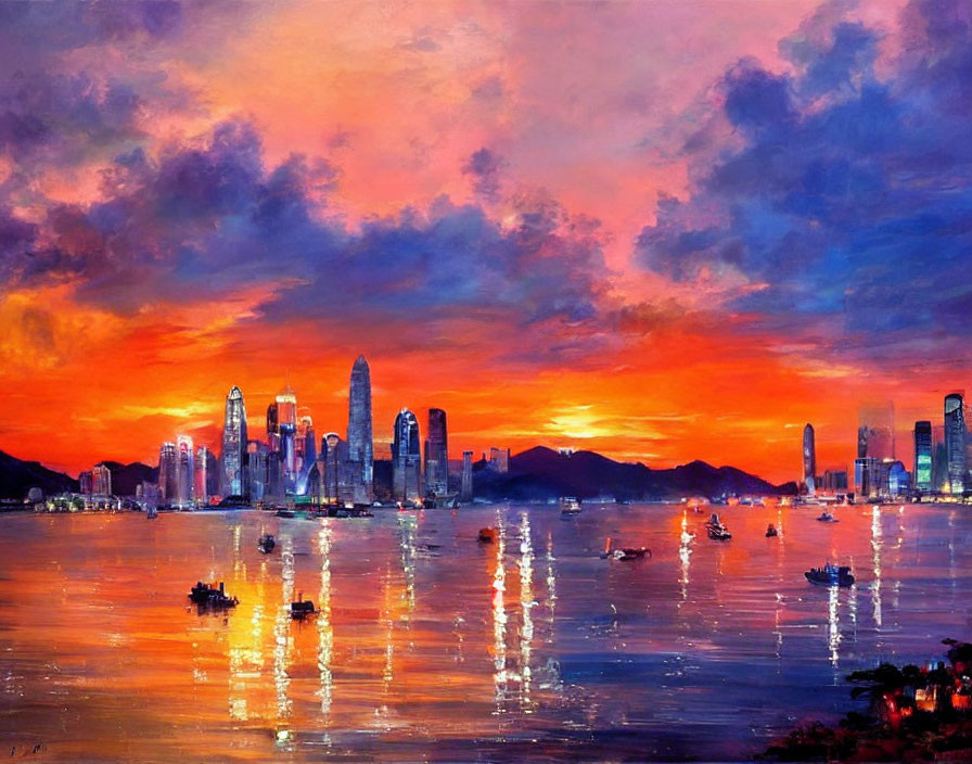 City skyline painting at sunset with water reflections and boats.