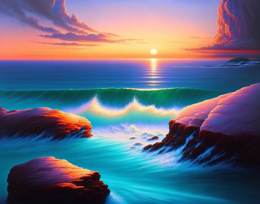 Vibrant sunset seascape with radiant clouds and cresting waves