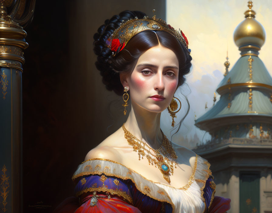 Regal woman in ornate historical dress with thoughtful expression in front of gilded architecture.