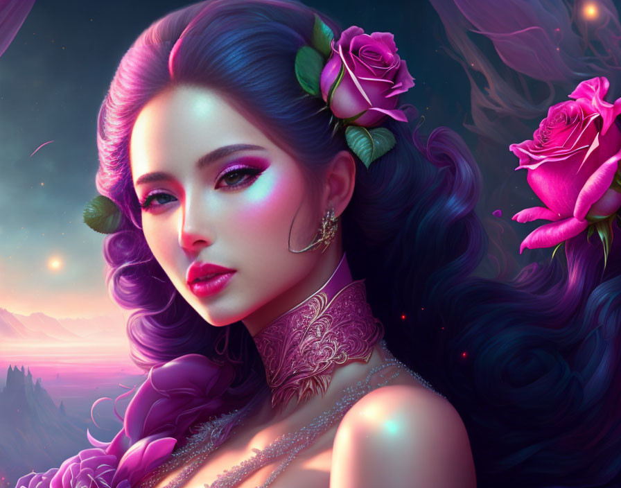 Portrait of Woman with Purple Hair and Roses in Fantasy Landscape