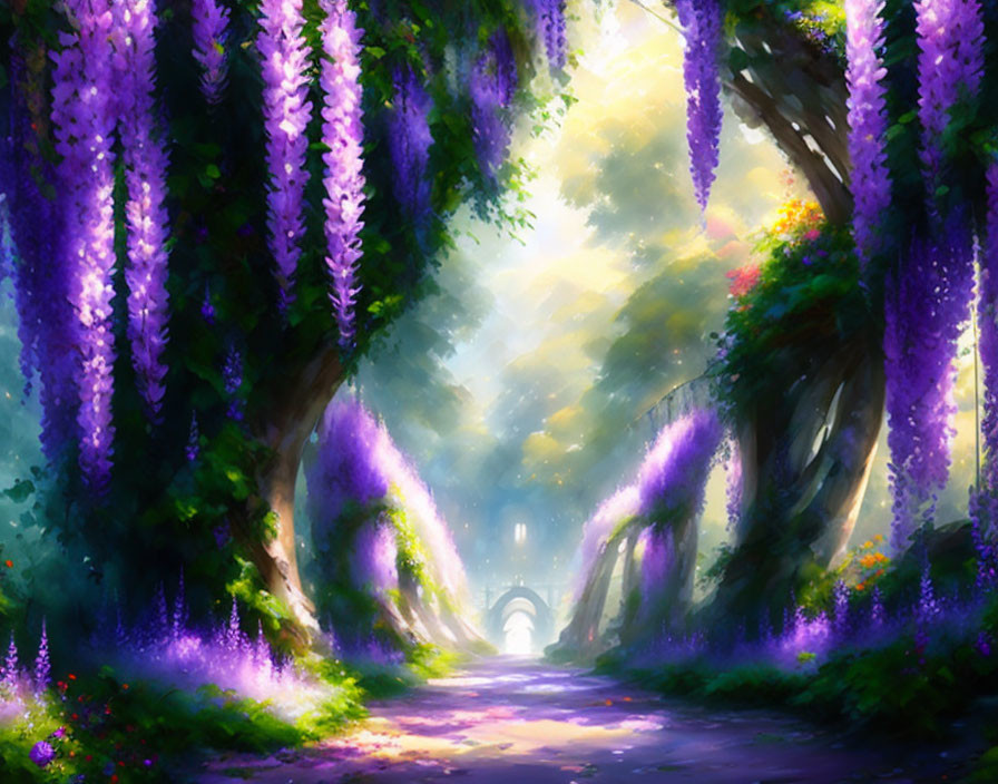 Enchanting Forest Pathway with Purple Wisteria Blooms and Illuminated Archway