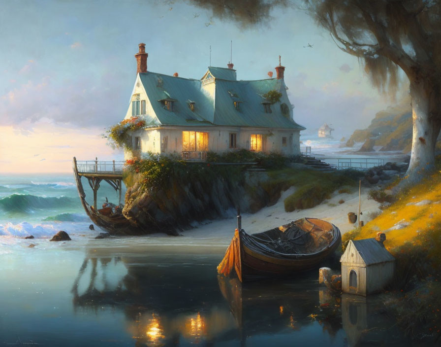 Tranquil coastal dusk scene with illuminated house, calm sea, boat, and shadowy tree