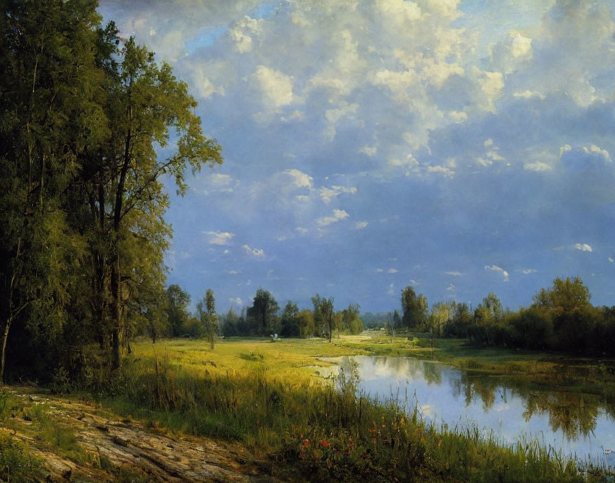 Tranquil landscape painting: river, trees, sky, field.